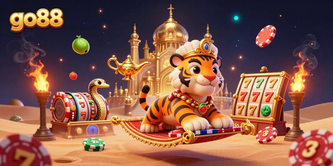 Win big at go88 with a vibrant 3D illustration featuring an Arabian-themed casino experience.