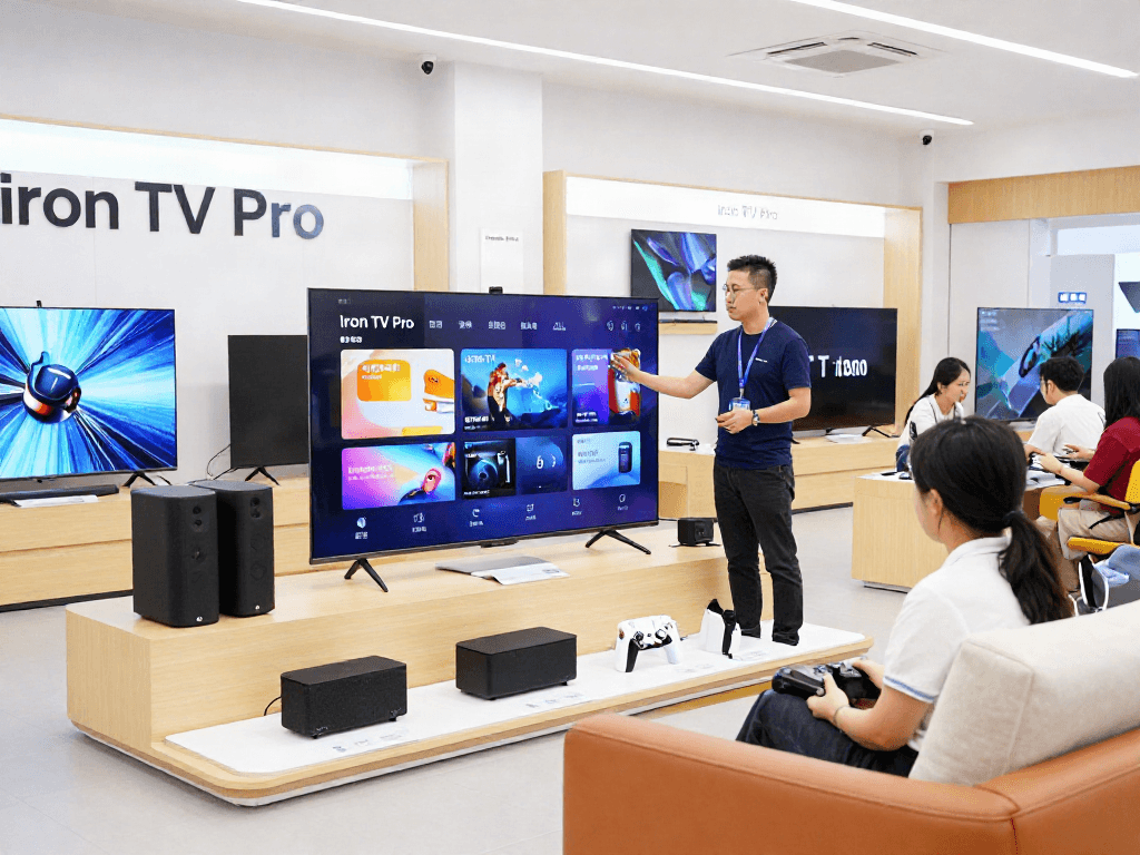 Engaging demonstration of Iron TV Pro smart TVs in a modern electronics showroom