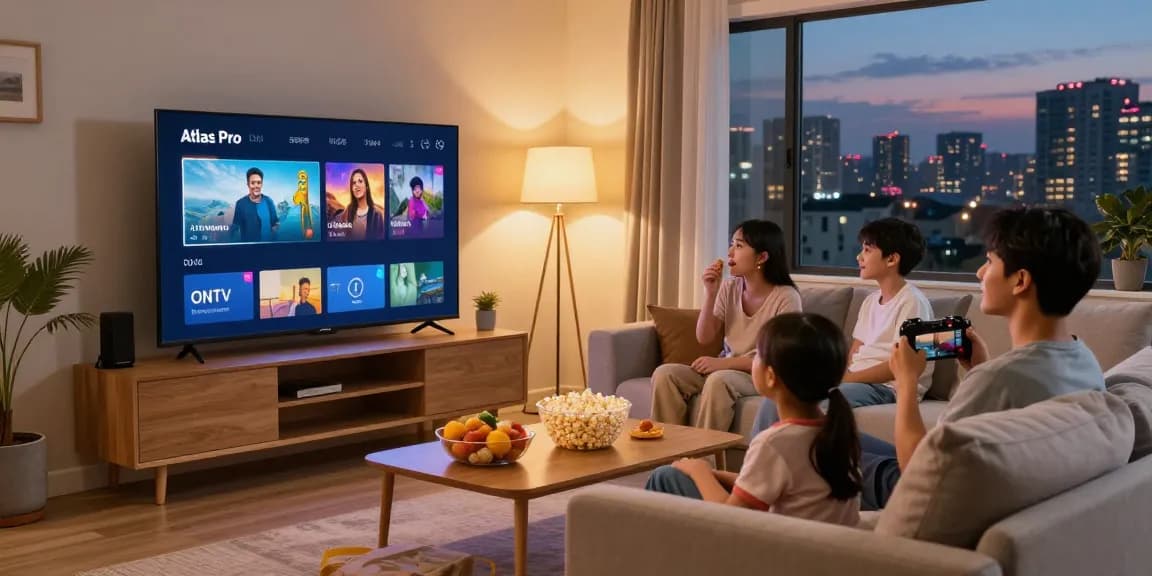 Profitez d'Atlas Pro ONTV dans votre salon moderne avec une variété de chaînes et films.