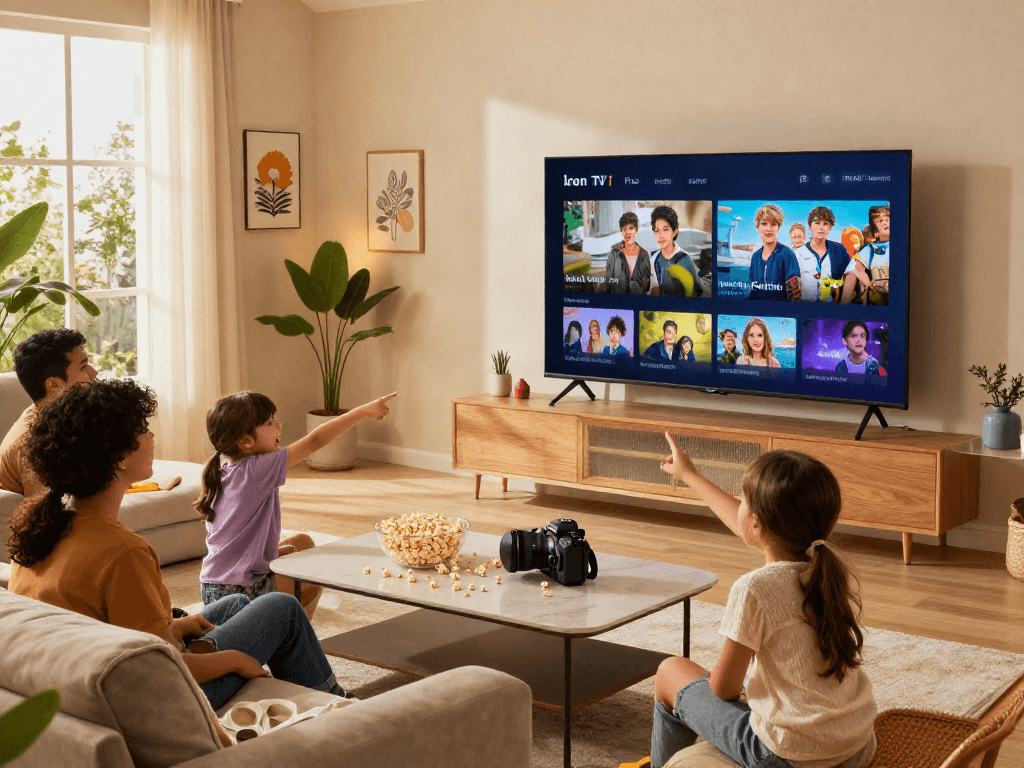 Moment de famille regardant Iron tv pro dans un salon moderne et accueillant.