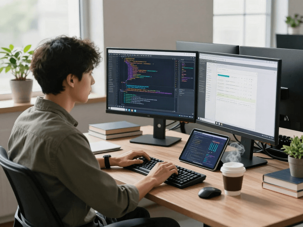 Développeur utilisant Atlas pro pour coder dans un bureau moderne, écrans affichant des outils de projet et code en couleur.
