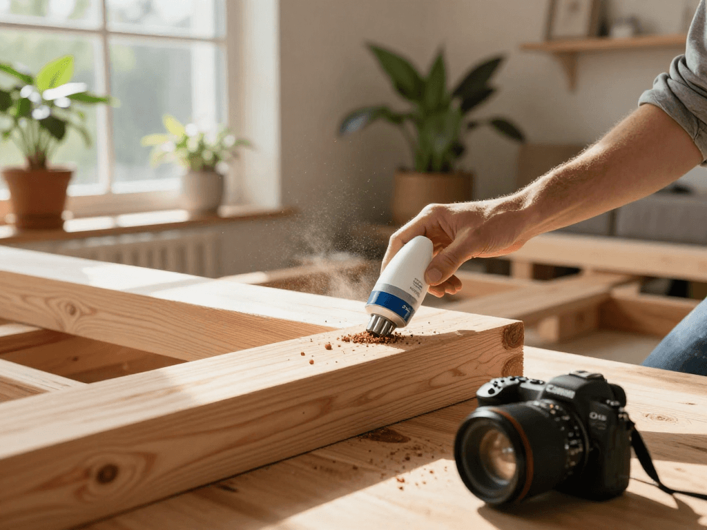 Application de Shashel® sur des poutres en bois pour un traitement sans produits chimiques.