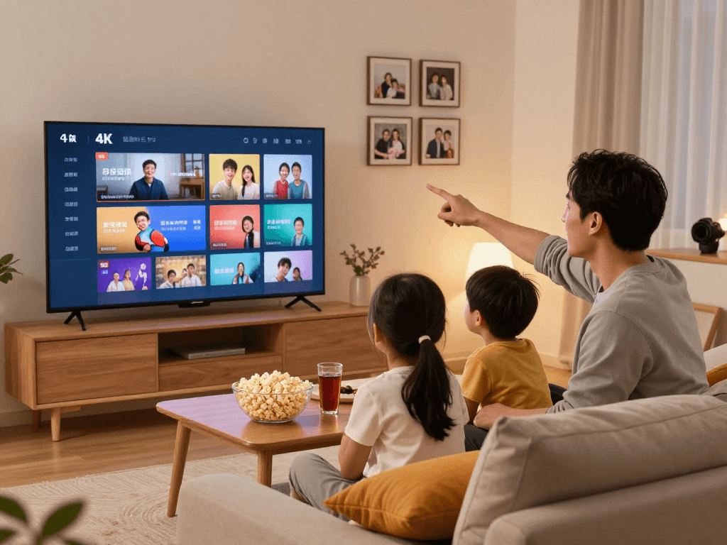 Streaming premium contenu en HD et 4K avec Iron tv pro dans un salon familial confortable