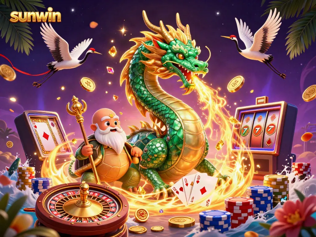 Experience the magic of sunwin with a vibrant dragon scene featuring golden coins and casino elements.
