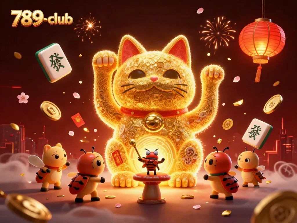 Experience the vibrant energy of 789-club with a giant lucky cat amidst casino symbols.