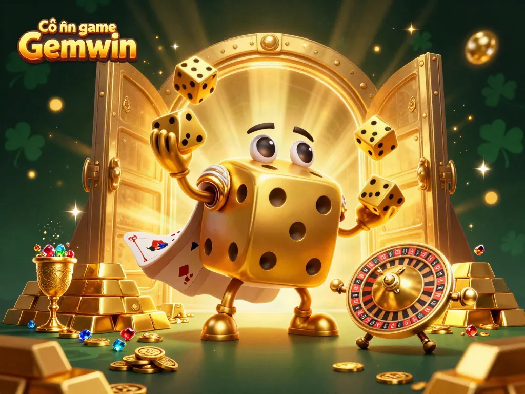 Experience excitement at Cổng game Gemwin with this vibrant illustration of golden dice and treasures.