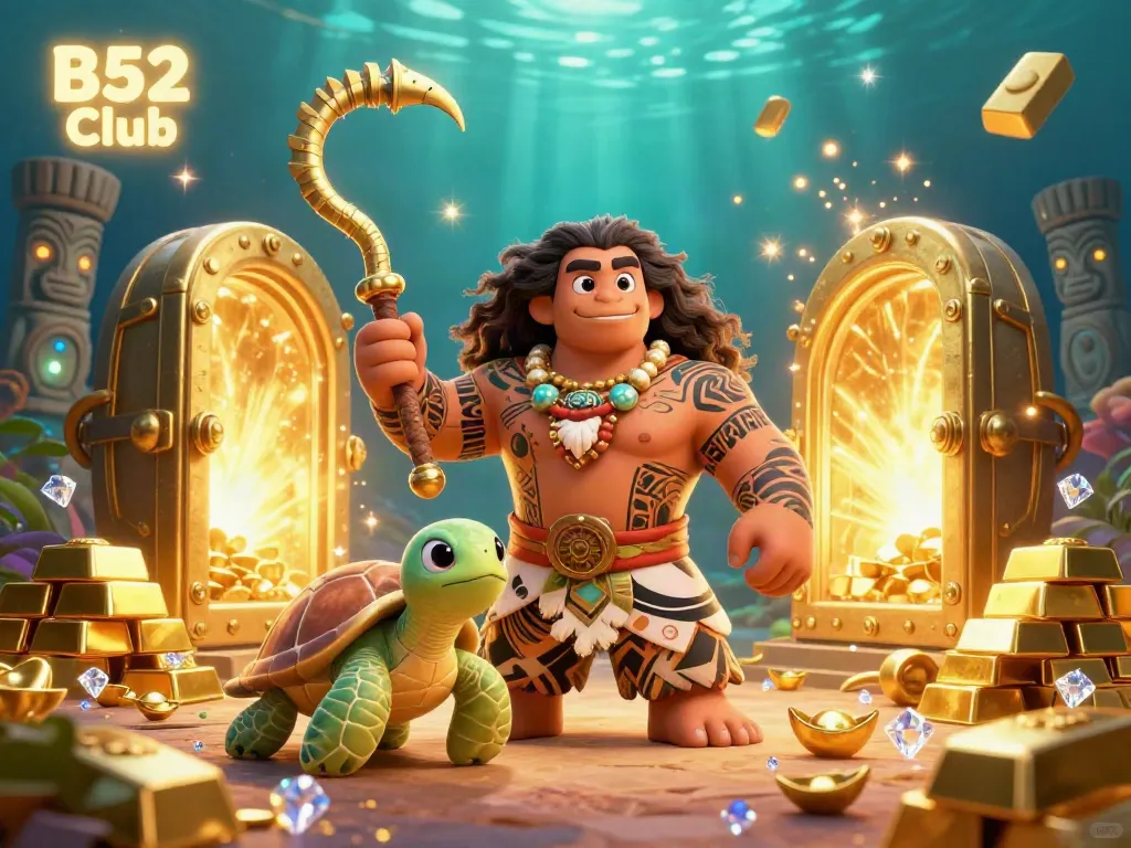 B52 Club showcases a dynamic online casino with vibrant characters, golden treasures, and engaging elements.