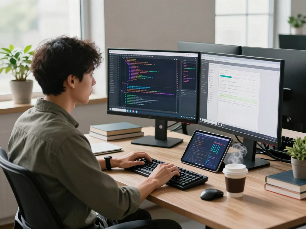 Développeur utilisant Atlas pro pour coder dans un bureau moderne, écrans affichant des outils de projet et code en couleur.