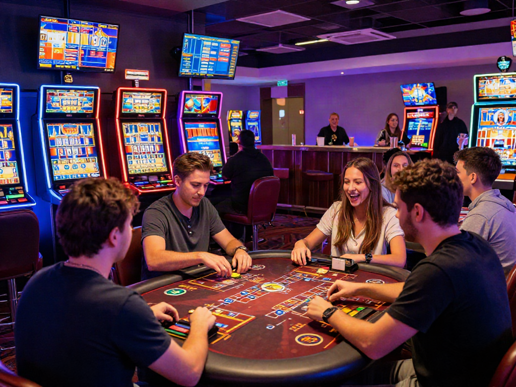 Scène de casino en ligne retrait immédiat avec joueurs engagés aux machines à sous dans une atmosphère animée.