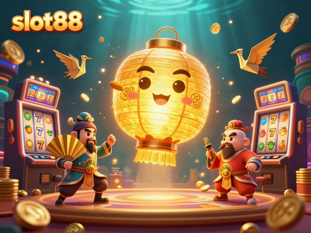 Engage in slot88 excitement with a vibrant casino scene featuring lucky symbols and golden lantern spirit.