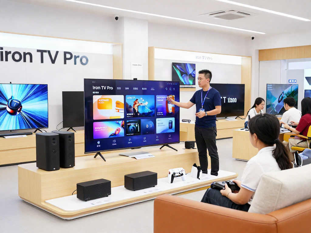 Engaging demonstration of Iron TV Pro smart TVs in a modern electronics showroom
