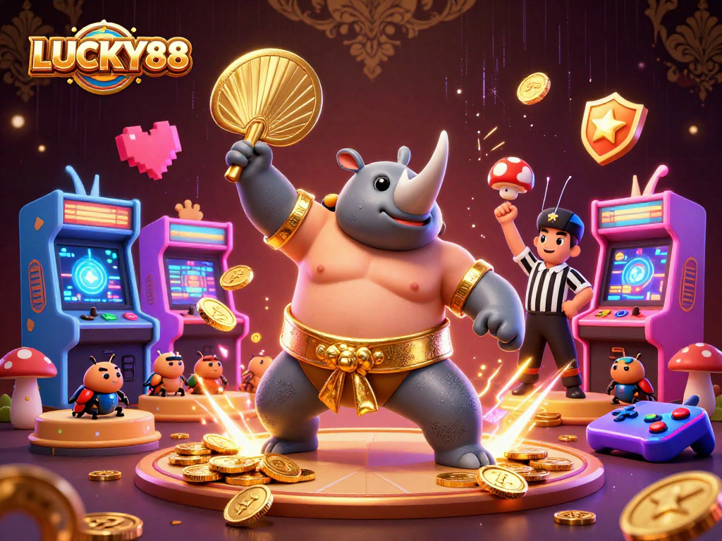 LUCKY88 showcases an engaging casino atmosphere with a lively beetle sumo champion and fluttering coins.