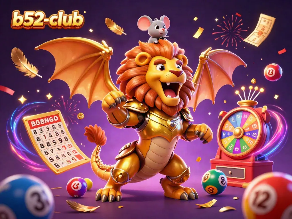 Bets fly in excitement at b52-club while a chimera roars with a mouse jockey, embodying vibrant casino gaming.