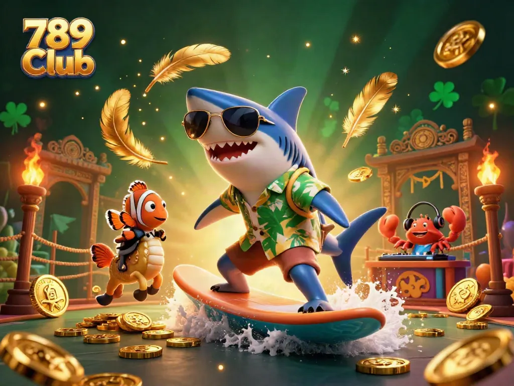 Join the action at 789 Club where a hammer-head shark and friends celebrate online gaming with gold coins.