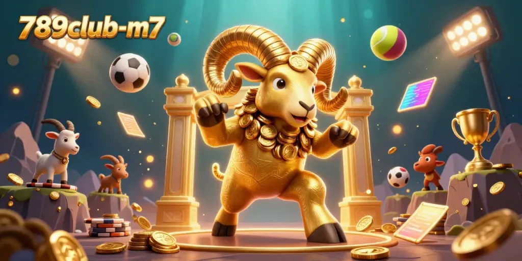 Experience thrilling gameplay with 789club-m7 featuring a dynamic golden ram charging through a vibrant sports-themed scene.
