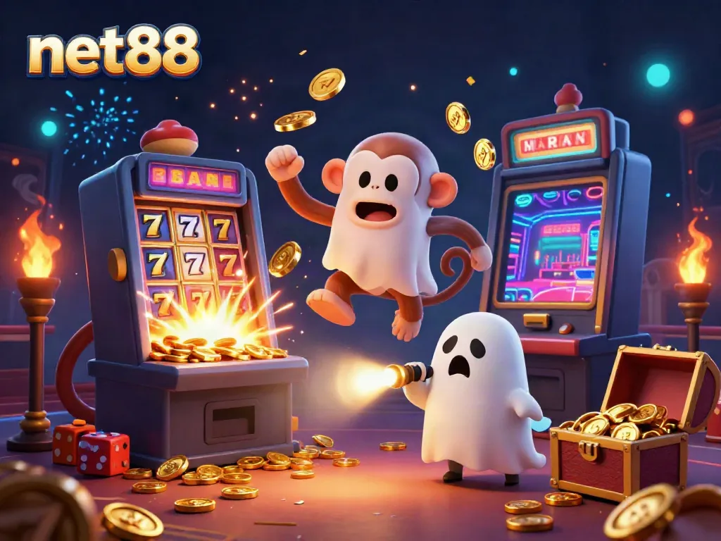 Engage with net88's vibrant gambling world as a poltergeist monkey juggles winnings in a haunted casino scene.