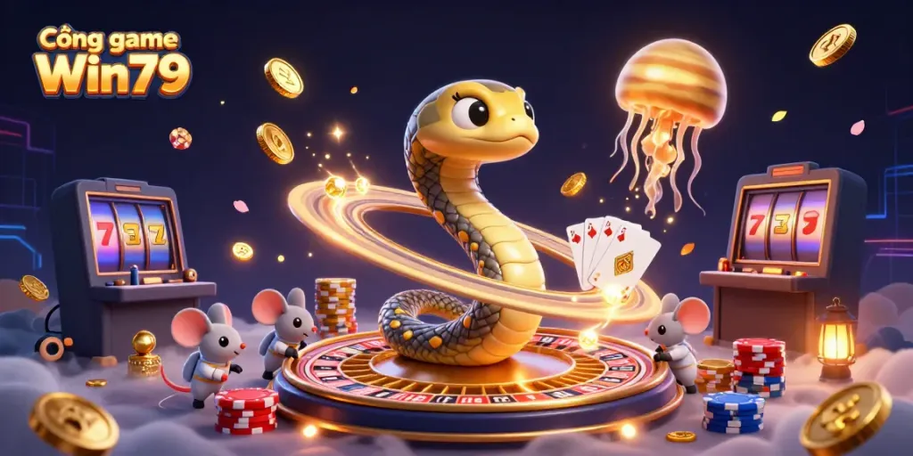 Cổng game Win79 showcasing a vibrant cosmic casino scene with astronaut mice betting on a roulette wheel.