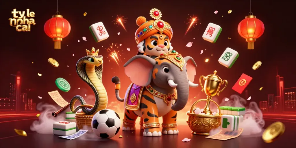 Experience the lively world of betting with ty le nha cai, featuring vibrant characters and sports symbols in action.