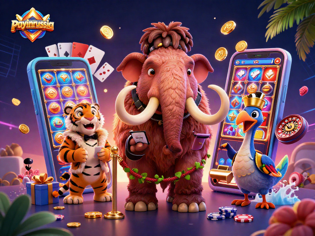 Payer en Russie avec payinrussia, illustration d'un mammouth et un tigre dans un casino animé.