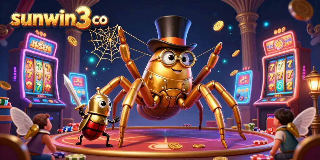 Experience the thrill of sunwin3 co with a vibrant illustration featuring a golden tarantula and beetle knight amidst casino thrills.