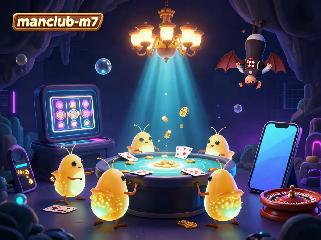 Engage with manclub-m7 as glowing creatures illuminate a vibrant casino scene.