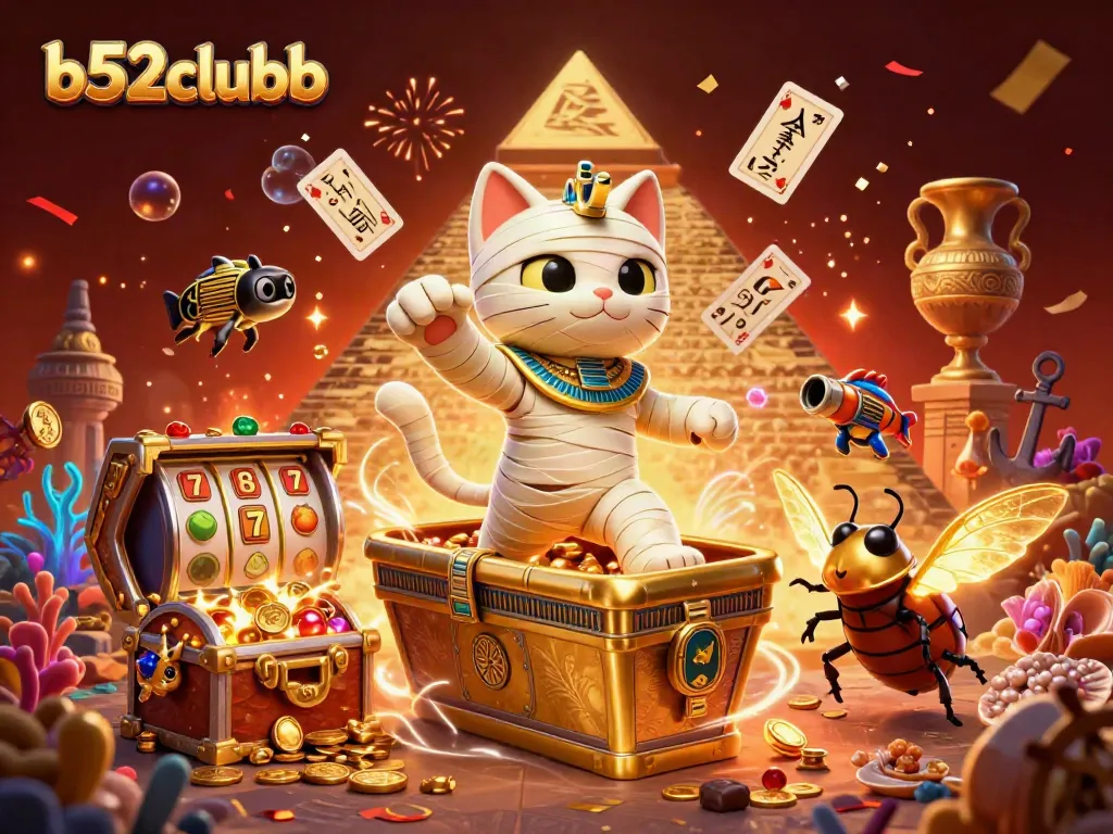 Experience thrilling adventures with b52clubb, featuring an Egyptian mummy cat and glowing scarab in a vibrant casino.