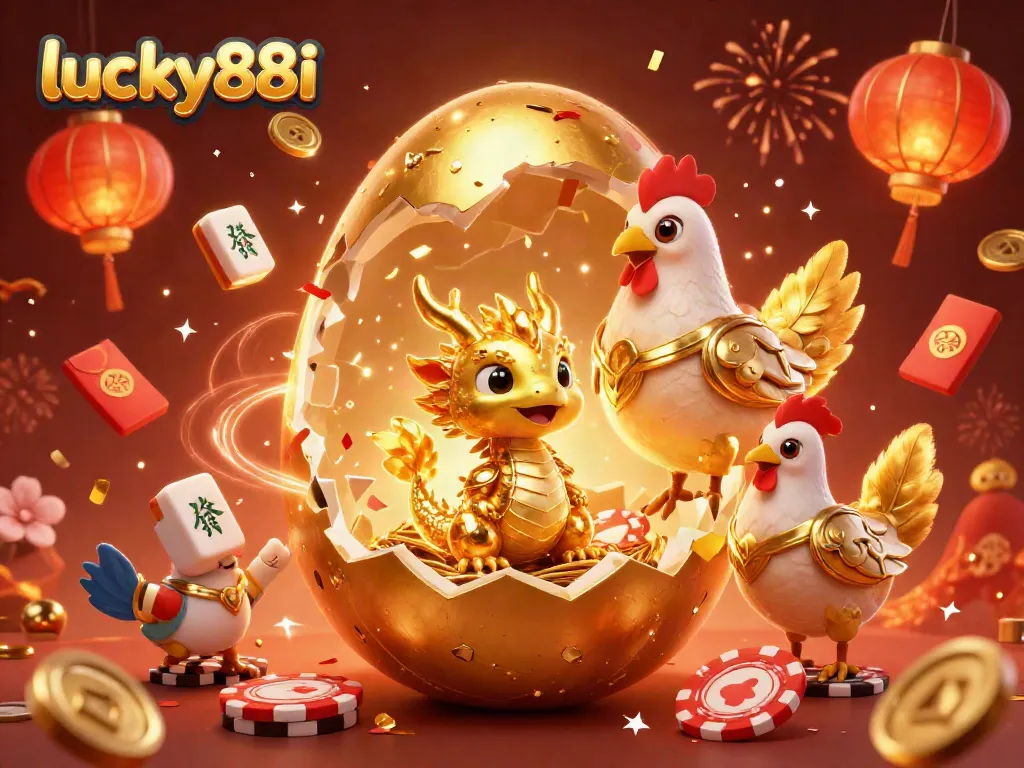 Experience the thrills of lucky88i with a glorious treasure-themed 3D illustration featuring a golden dragon and poker chips.