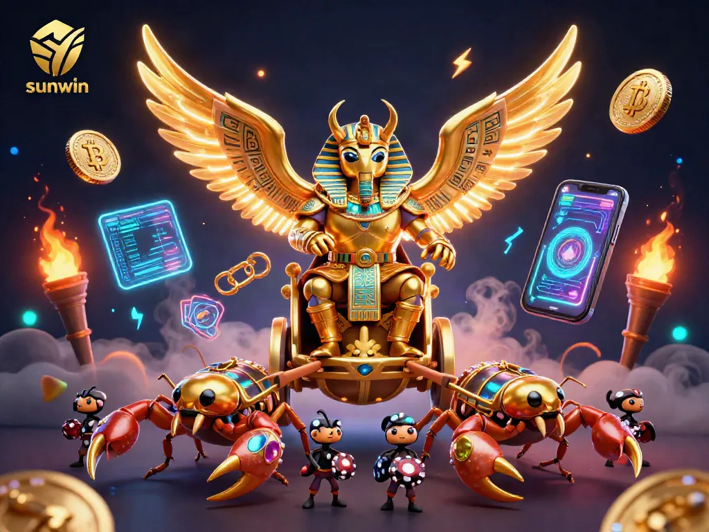 Experience the excitement of sunwin as a golden scarab beetle leads a chariot of fortune through a vibrant 3D casino.