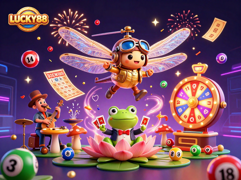 LUCKY88 engages players with vibrant casino fun featuring dragonfly pilot, frog dealer, colorful games.