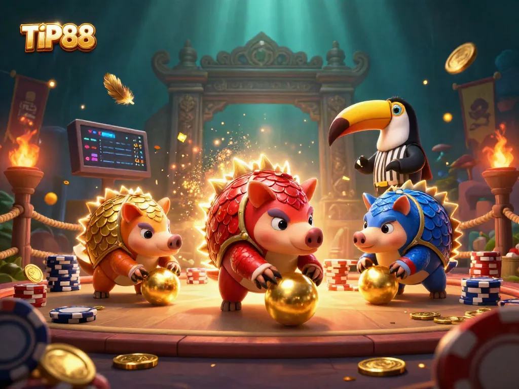 Experience the exciting world of TIP88 with vibrant pangolins in a casino-themed showdown.