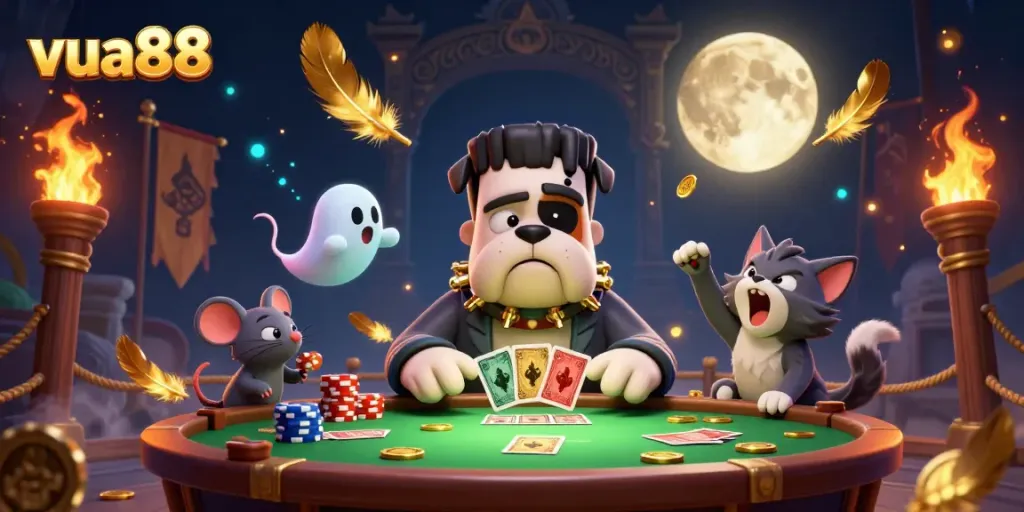 Join the thrilling action at vua88 with our lively casino scene featuring a card-dealing bulldog and ghostly characters.