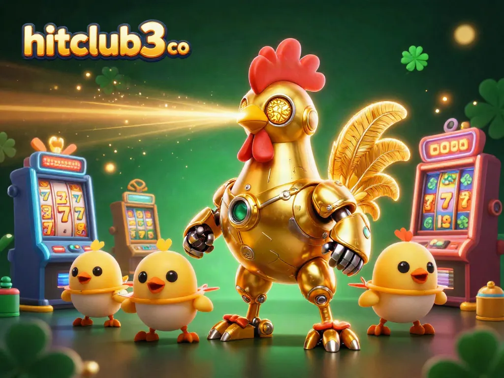 Hitclub3 co showcases a vibrant gaming scene with a golden rooster robot, slot machines, and a dazzling atmosphere.