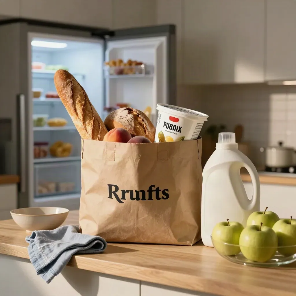 Grand cabas de courses devant un frigo entrouvert dans une cuisine claire.