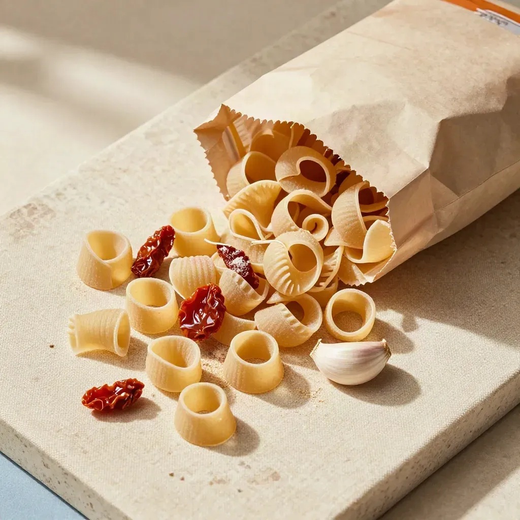 Pâtes torsades renversées avec ail et tomate séchée sur toile beige, vue du dessus.