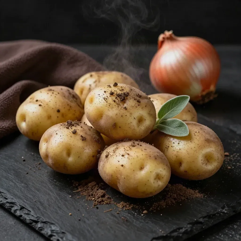 Pommes de terre poussiéreuses avec torchon brun et oignon flou sur slab noir