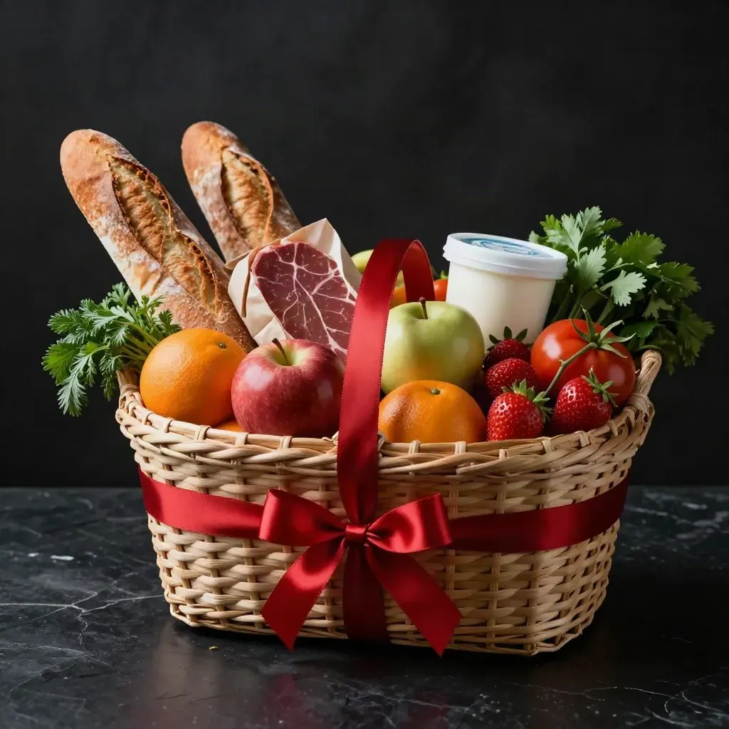 Grand panier de courses débordant de fruits, pain, viande et ruban rouge.