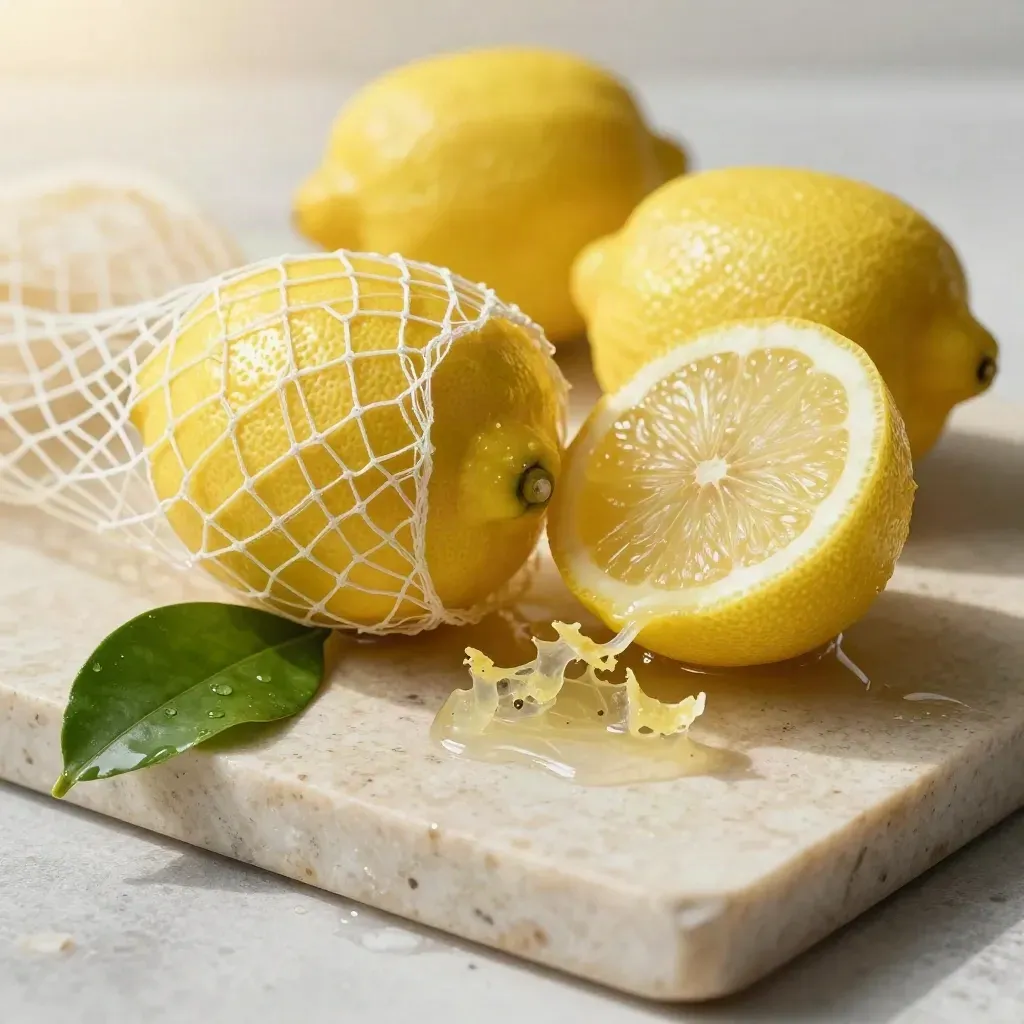 Filet de citrons jaunes bio entrouvert sur pierre humide, gros plan texturé.