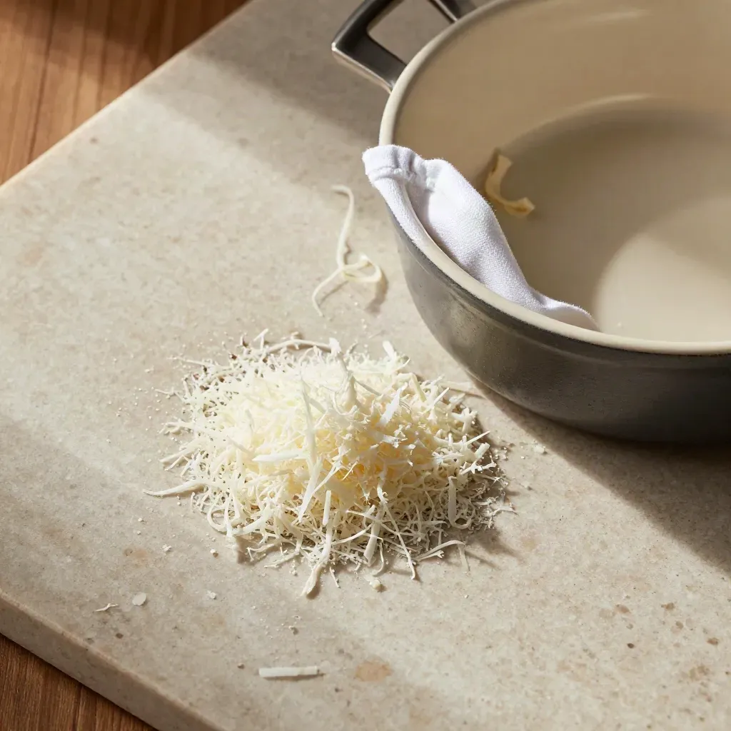 Vue du dessus de fromage râpé renversé avec cocotte de gratin sur pierre claire.