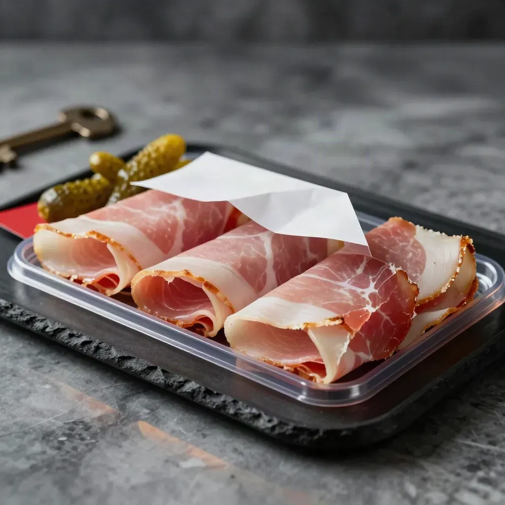 Barquette de jambon blanc sur fond sombre, avec cornichons flous et lueur froide.