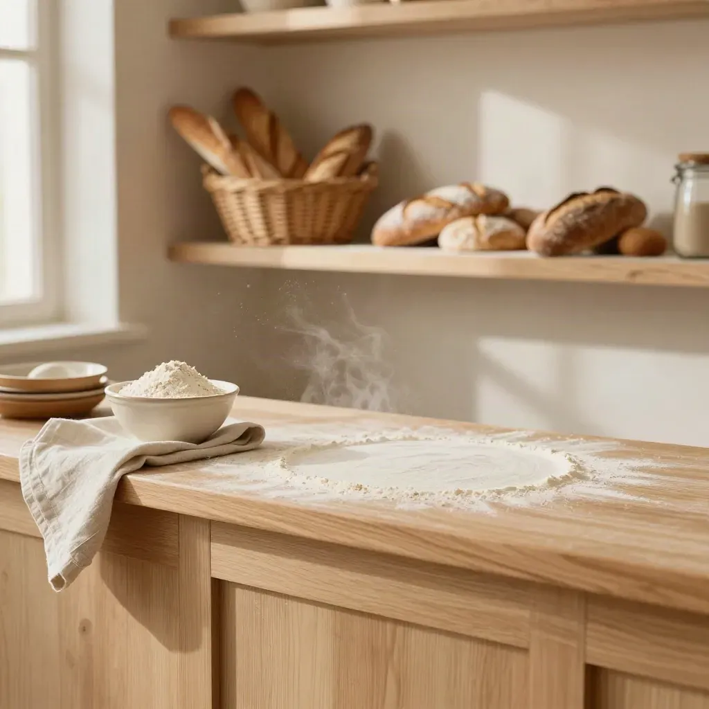 Intérieur de boulangerie clair avec comptoir en bois blond, pains flous et vapeur chaude.
