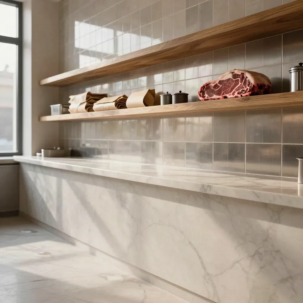 Intérieur de boucherie lumineux avec carrelage clair, inox, marbre et viande rouge en hauteur.