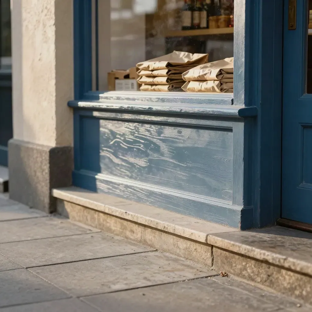 Façade d’épicerie de quartier au soleil doré, caisses bois et sacs kraft, rue calme.