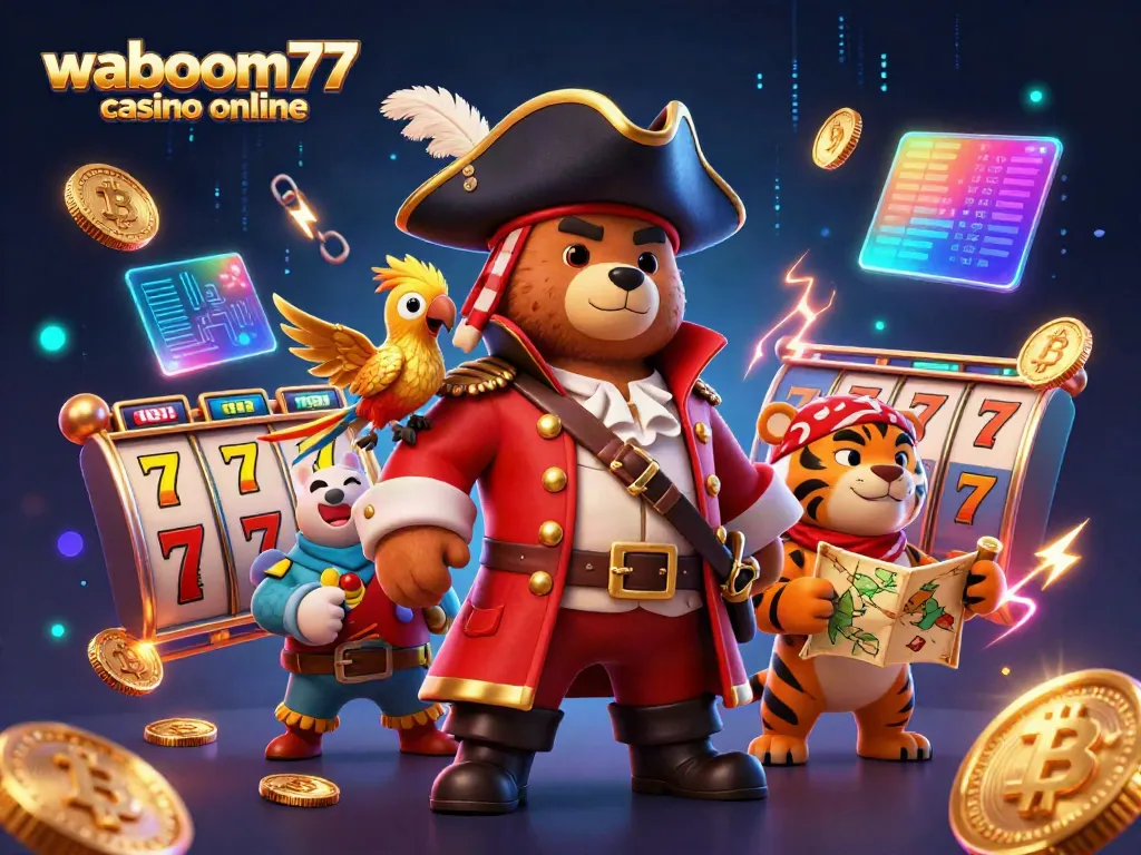 Engage with waboom77 casino online, featuring an adventurous pirate bear and friends amid vibrant slot reels and crypto coins.