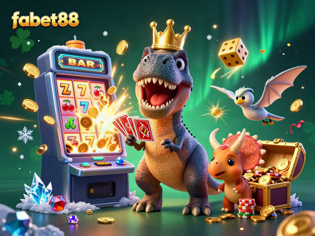 Engage with fabet88's dynamic slots scene, showcasing a humorous T-Rex card shuffling.