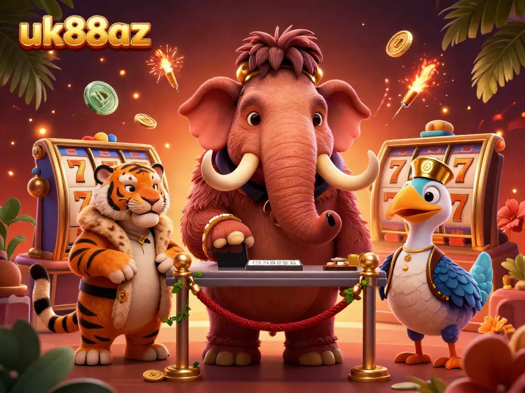 Experience exclusive VIP service at uk88az with a bouncer, a saber-tooth tiger guest, and festive casino elements.