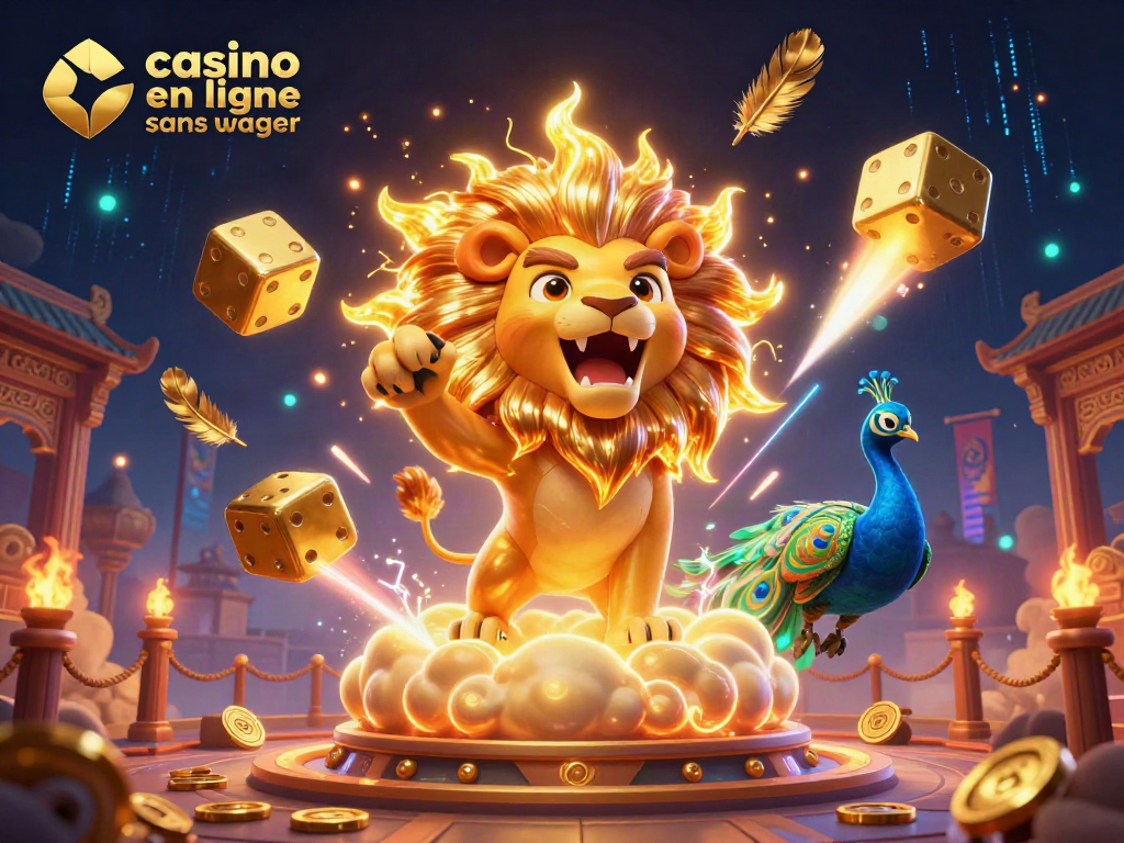 Jouer au casino en ligne sans wager avec un lion ardent, des dés dorés et un paon interstellaire.