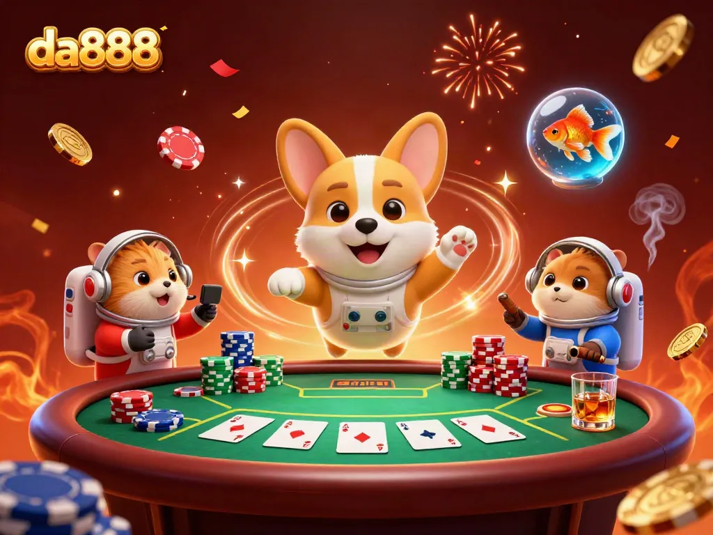 Experience the excitement of da888 with a floating astronaut corgi and vibrant casino elements in space.