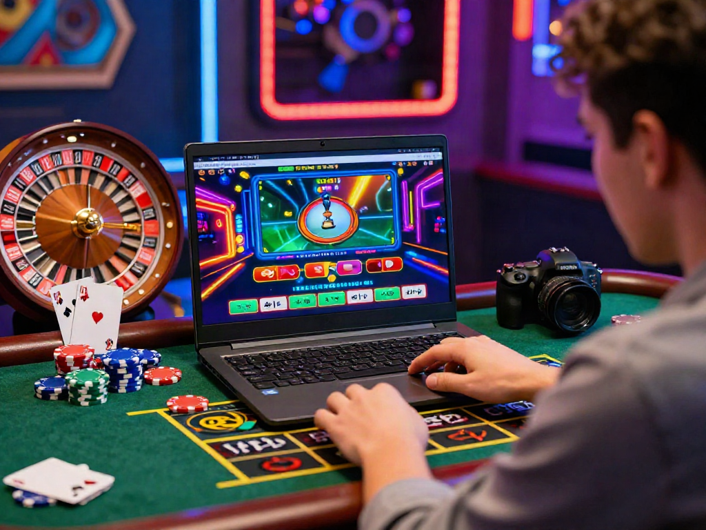 Un joueur de casino en ligne sans wager interactif sur son ordinateur portable, ambiance de jeu colorée et dynamique.