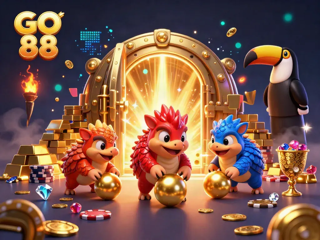 Experience the GO 88 excitement as rival pangolins bowl through casino chips in this vibrant 3D scene.