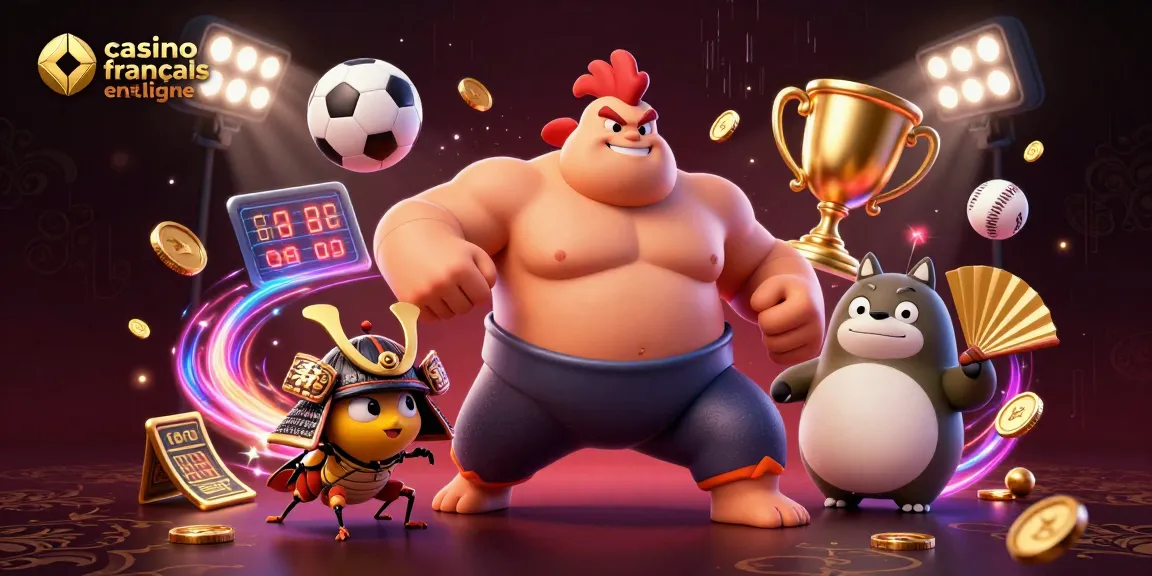Scénario captivant de casino français en ligne avec un coq sumo, un criquet samouraï et un tanuki animateur.